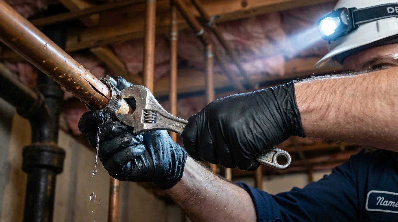 Emergency pipe clamp repair being performed by a Johns Plumbing LLC plumber in Fort Hood