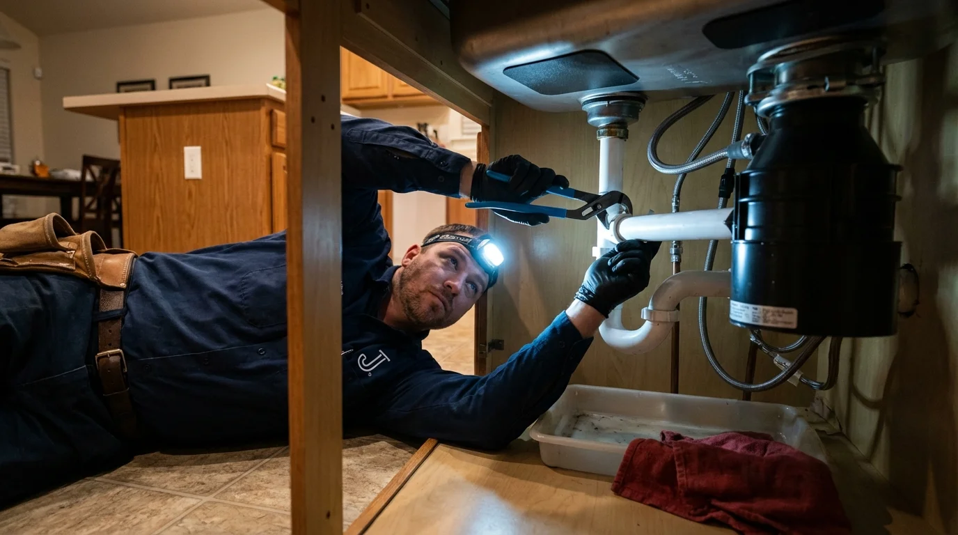 P-trap and supply line connections under a kitchen sink showing a common leak point in Fort Hood, TX